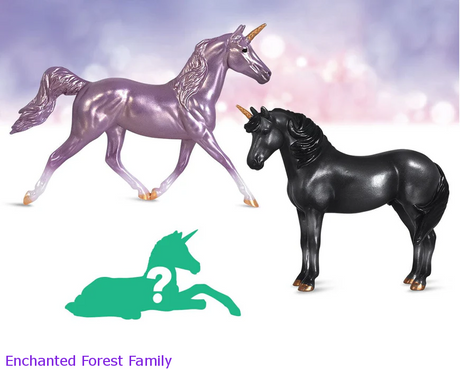 Breyer Unicorn Foal Surprise toy set set with two adult unicorns and hidden foal figurine. Shown models are purple and black, the Enchanted Forest Family