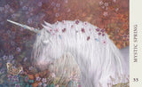 Horse Wisdom Oracle deck with art by Laurie Prindle - card 33 "Mystic Spring" with flower-adorned white unicorn in a garden