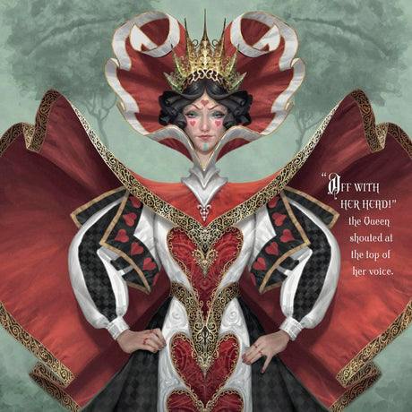 Red Queen from Alice in Wonderland with text "Off with her Head!" the Queen shouted at the top of her voice. From the Llewellyn's 2025 Alice in Wonderland Calendar by Paolo Barbieri