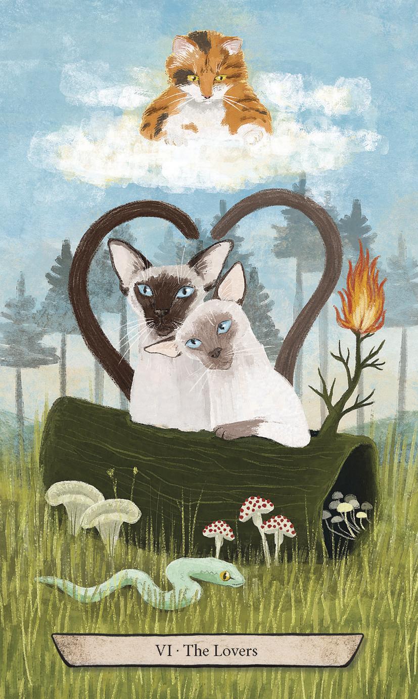 VI The Lovers card, two Siamese with heart tail, cat in clouds above and snake below