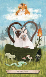 VI The Lovers card, two Siamese with heart tail, cat in clouds above and snake below