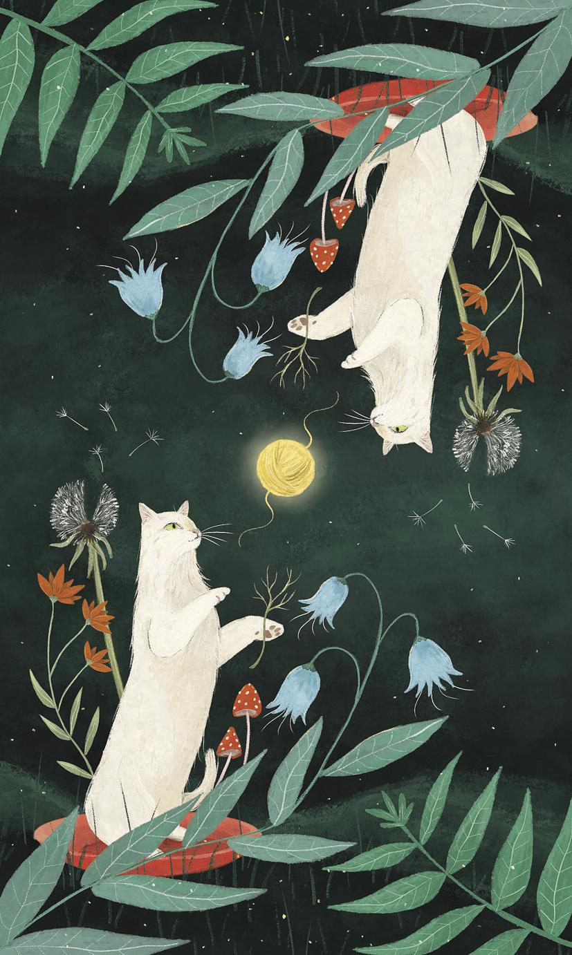 Back of card art with two white cats, yellow yarnball moon, flowers