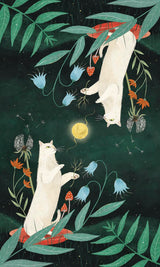 Back of card art with two white cats, yellow yarnball moon, flowers