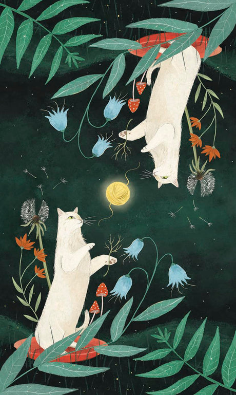 Back of card art with two white cats, yellow yarnball moon, flowers