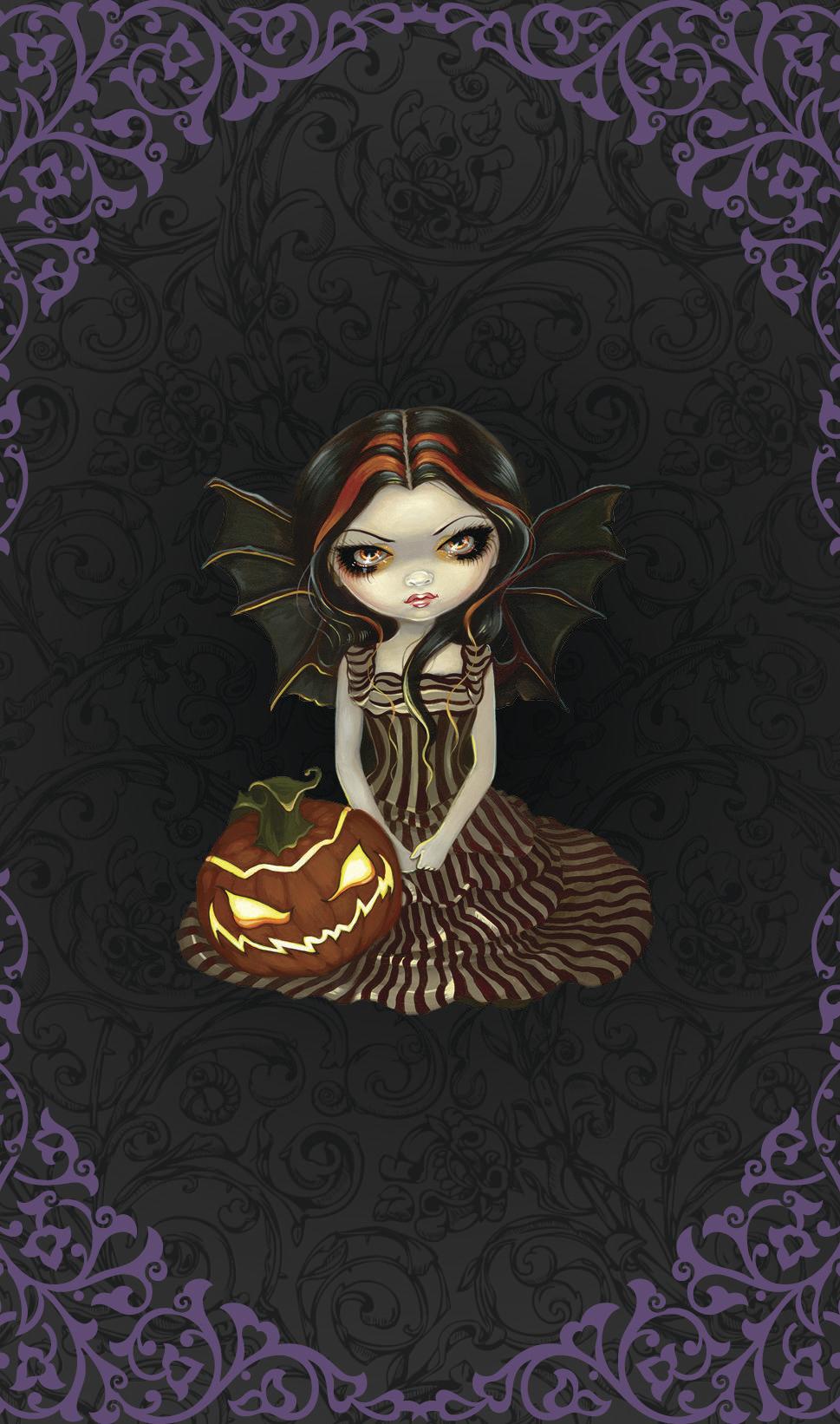 The Halloween Forever Oracle deck with art by Jasmine Becket-Griffith - artwork with Gothic fairy and pumpkin, purple filigree pattern