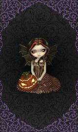 The Halloween Forever Oracle deck with art by Jasmine Becket-Griffith - artwork with Gothic fairy and pumpkin, purple filigree pattern