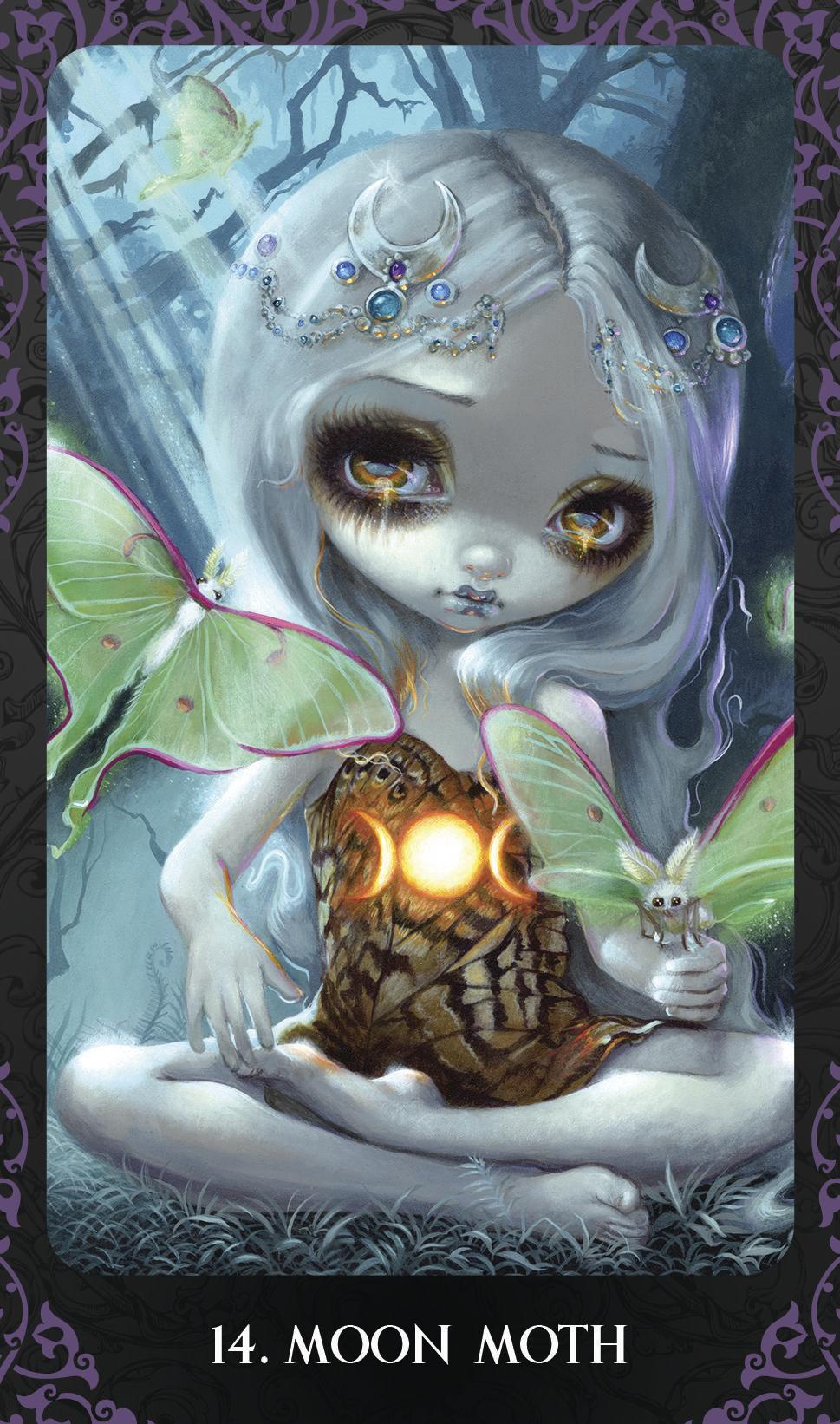 The Halloween Forever Oracle deck with art by Jasmine Becket-Griffith, card art of pale girl with luna moon for "14. Moon Moth"
