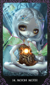 The Halloween Forever Oracle deck with art by Jasmine Becket-Griffith, card art of pale girl with luna moon for "14. Moon Moth"
