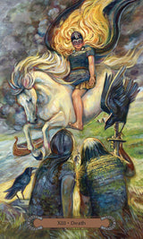 Unbridled Spirit Tarot Deck & Guidebook set - Death card with rider on a pale horse, warriors and crows