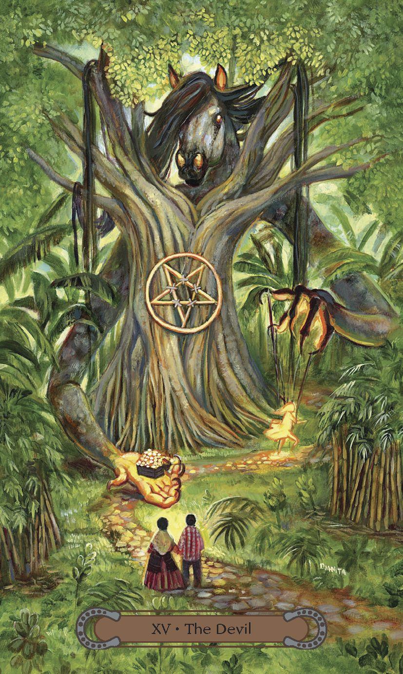 Unbridled Spirit Tarot Deck & Guidebook set - The Devil card with horse tree offering a couple riches