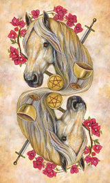 Unbridled Spirit Tarot Deck & Guidebook set - card back with pale horse, red flowers, chalices, swords, & pentacles