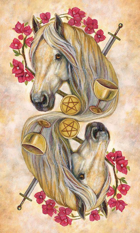 Unbridled Spirit Tarot Deck & Guidebook set - card back with pale horse, red flowers, chalices, swords, & pentacles