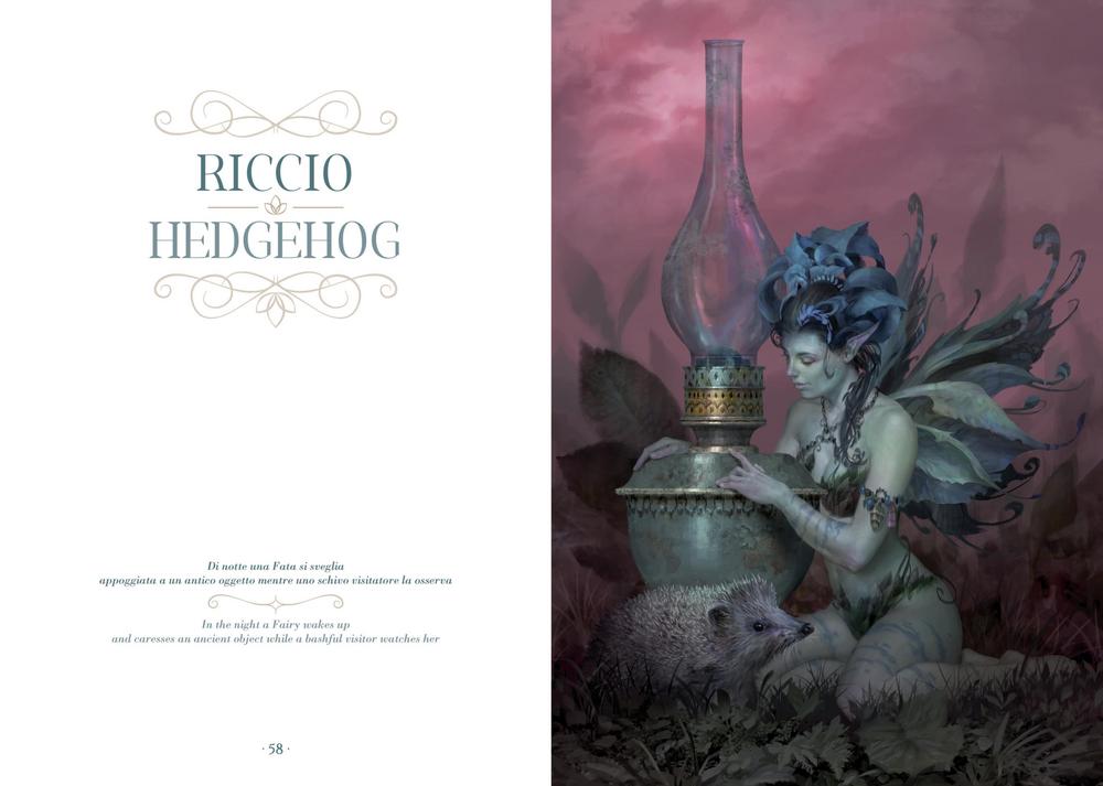 Riccio - Hedgehog page with aqua-toned fairy and lamp and small hedgehog