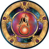 Dracones Loqui oracle deck by Ravynne Phelan, with round cards, example of Passion card