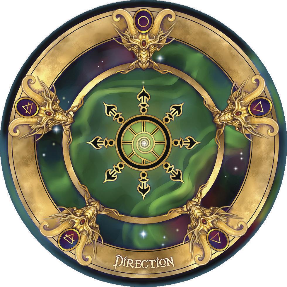 Dracones Loqui oracle deck by Ravynne Phelan, with round cards - Direction card example with green galaxy and gold dragon heads