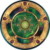 Dracones Loqui oracle deck by Ravynne Phelan, with round cards - Direction card example with green galaxy and gold dragon heads