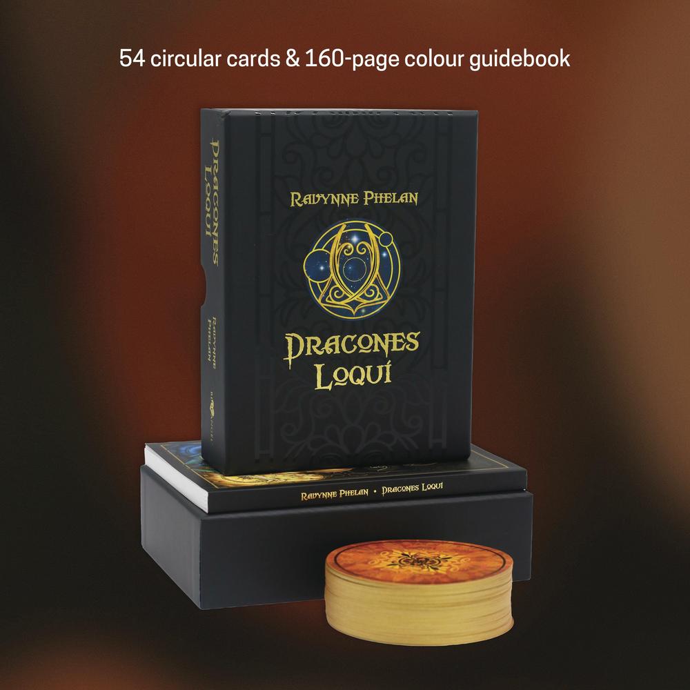 Dracones Loqui oracle deck by Ravynne Phelan, with round cards