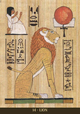 Card example, Egyptian-style illustration of a lion with hieroglyphics on a textured background