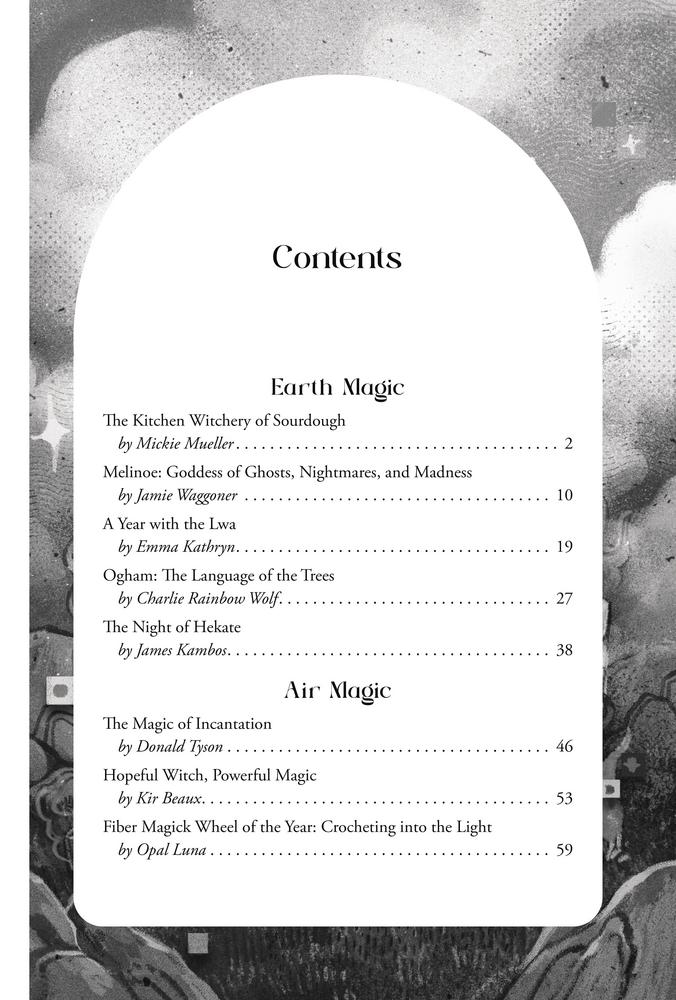 Table of contents for Magical Almanac with a black and white design