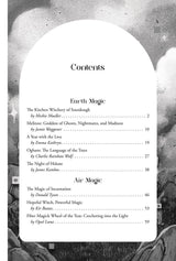 Table of contents for Magical Almanac with a black and white design