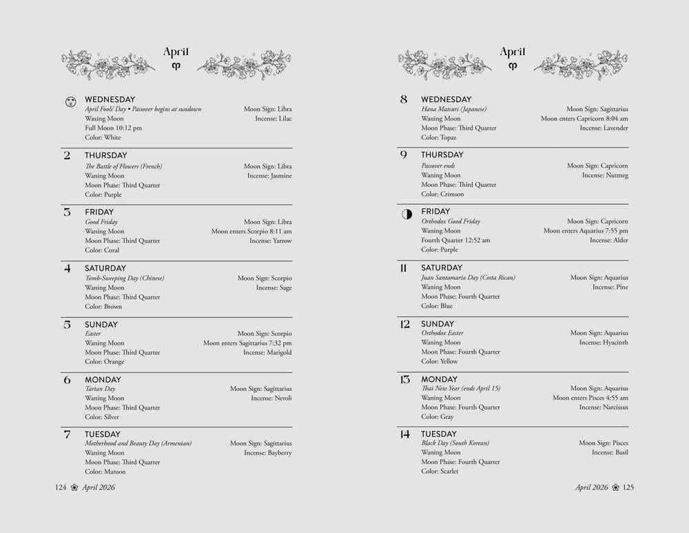 Calendar page for April with floral designs and text.