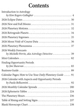 Table of contents for a planner on astrology with chapter titles and page numbers.