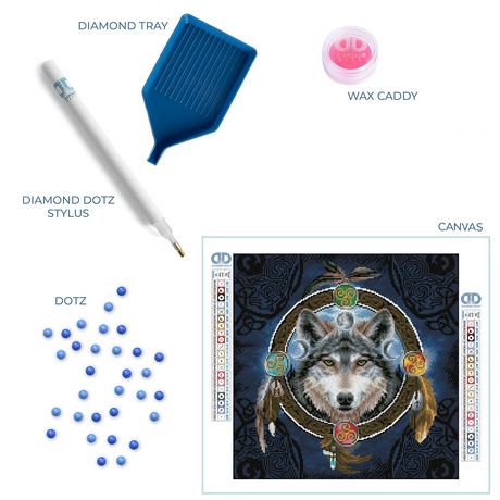 Diamond dotz art kit with diamond tray, wax caddy, stylus, and canvas featuring a wolf design.
