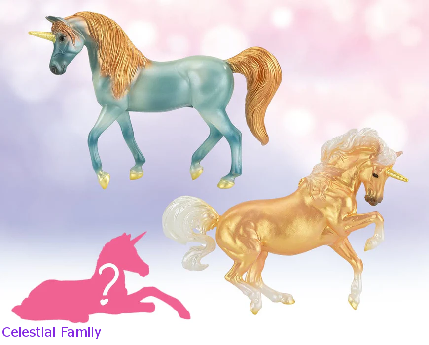 Breyer Unicorn Foal Surprise toy set set with two adult unicorns and hidden foal figurine. Shown models are green & gold and gold & white, the Celestial Family