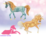 Breyer Unicorn Foal Surprise toy set set with two adult unicorns and hidden foal figurine. Shown models are green & gold and gold & white, the Celestial Family