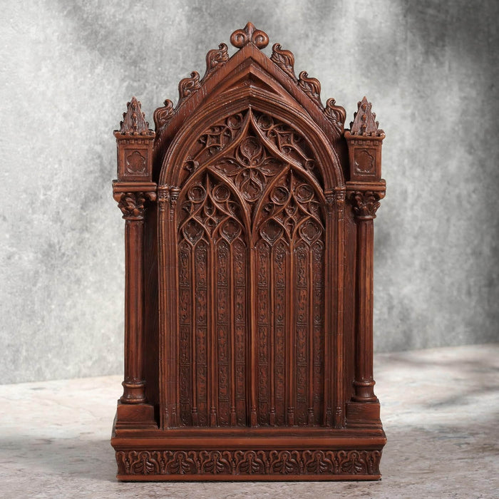Detail of back of the piece showing ornate faux-wood