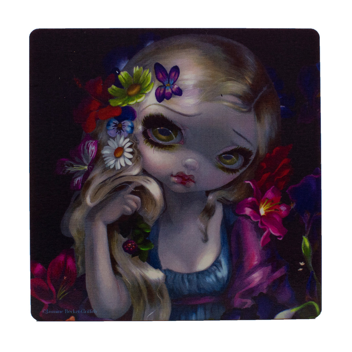 Woman with pale blond hair and flowers coaster