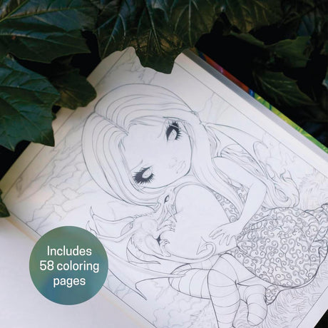 Coloring book with dragon and fairy illustrations and text indicating 58 coloring pages.