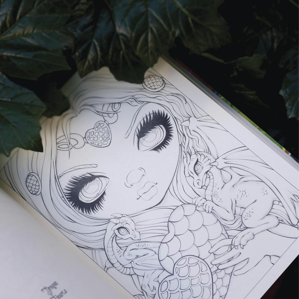 Coloring book with dragons and fairy illustrations