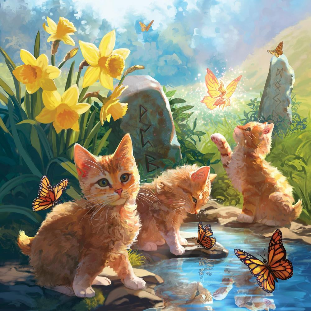 2026 Magical Mystical Cats calendar example page, orange tabby kittens with butterflies, fairy, daffodils, runestone