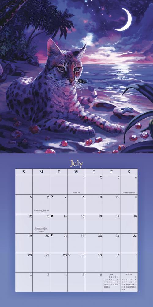 2026 Magical Mystical Cats calendar  July page in shades of purple and pink with spotted cat on beach