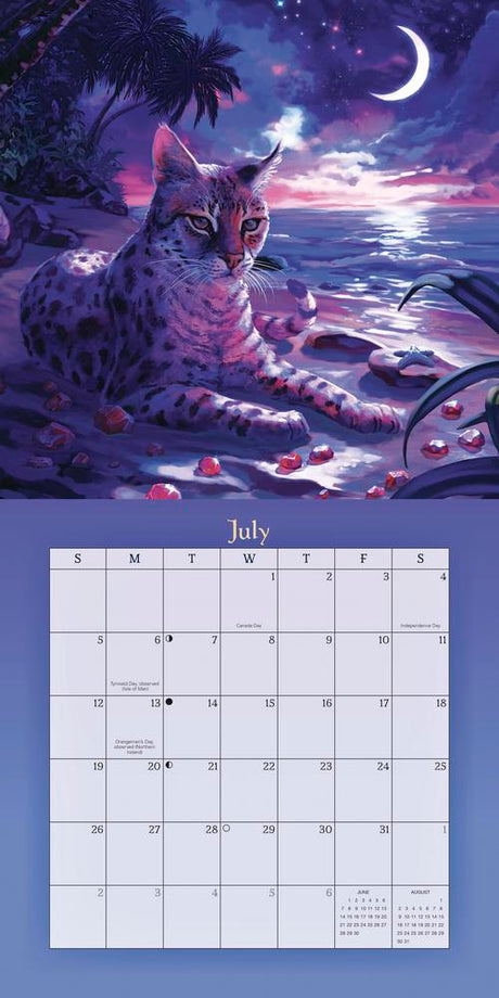 2026 Magical Mystical Cats calendar  July page in shades of purple and pink with spotted cat on beach