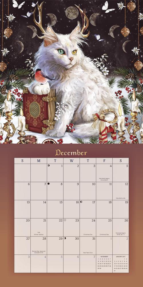 2026 Magical Mystical Cats calendar  December page with white horned cat with book