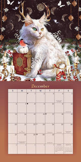 2026 Magical Mystical Cats calendar  December page with white horned cat with book