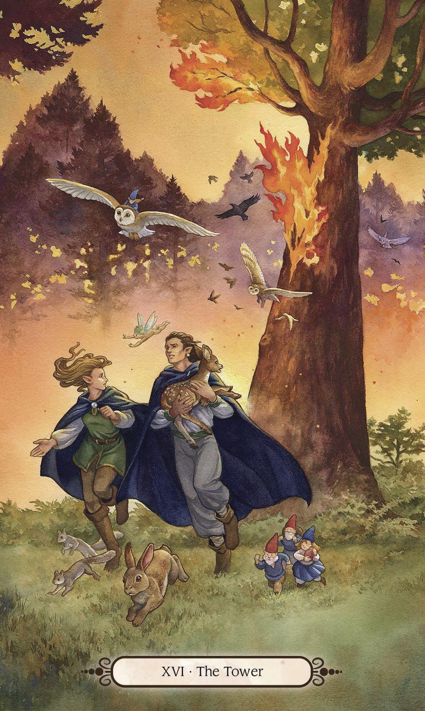 Faery Wheel Tarot deck - The Tower card with two elves and animals running from a burning tree