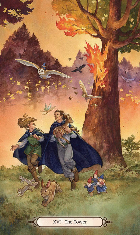 Faery Wheel Tarot deck - The Tower card with two elves and animals running from a burning tree