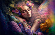 Image of fairy sleeping, adorned with flowers and rainbow wings, art by Mikey Bergman