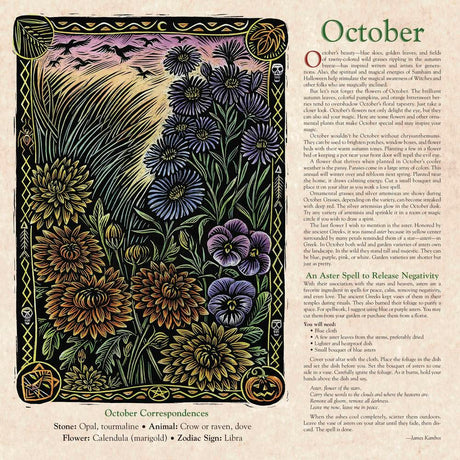 Decorative page for October with floral illustrations and text on a beige background