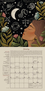 Calendar  example for January with astrological symbols, flowers, and a woman's face on a dark background.