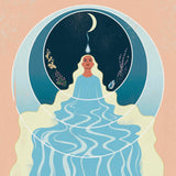 Illustration of a person in a flowing blue dress/water with a moon and nature elements in the background. Calendar page example