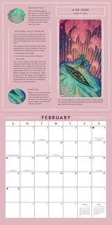 A pink February calendar page with a large monthly grid at the bottom and illustrated artwork panels at the top, including text sections tarot imagery for 4 of Cups