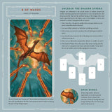 A tarot card deck insert card for '8 of Wands' from the 'Tarot of Dragons'. The card features a detailed illustration of a golden-brown dragon on the left, accompanied by text on the right explaining the card's meaning ('Unleash the Dragon Spread') and four blank white card slots for drawing. (Calendar example)