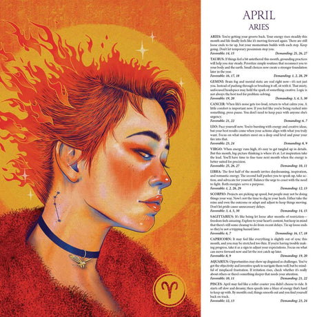 Calendar page example - Illustration of a woman with fiery hair and Aries symbol on an orange background with text.