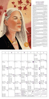 Calendar with a stylized Capricorn zodiac illustration of a woman with white hair and a gold necklace, set against a textured beige background.