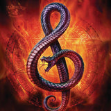 Calendar page featuring snake in the shape of a music clef against fiery backdrop