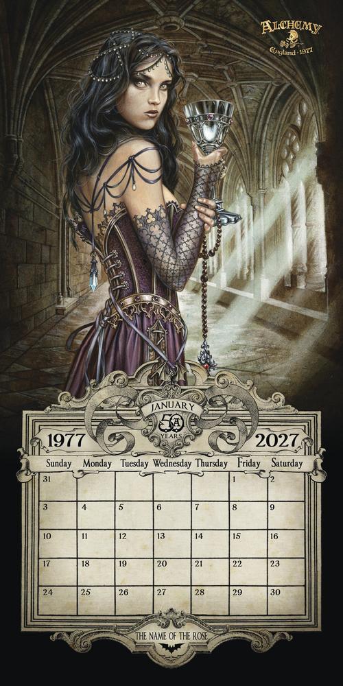 A vintage-style calendar page featuring a dark fantasy illustration of a woman in a purple corset dress holding a chalice in an arched stone corridor. The calendar grid is for January 2027